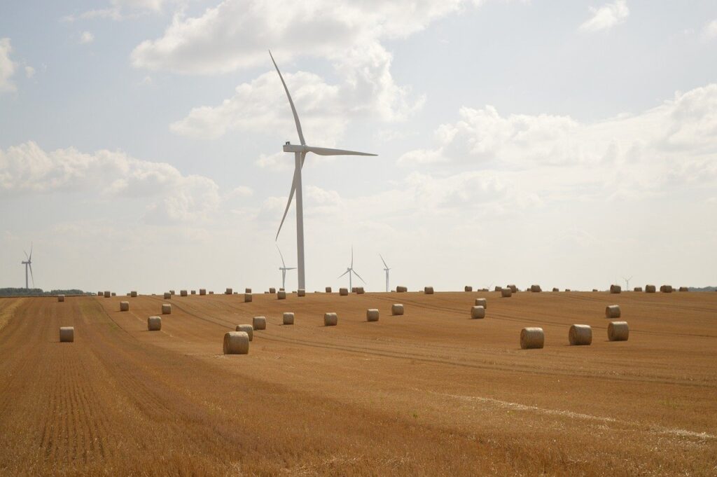 wind turbine, harvest, bundles, agriculture, straw, nature, to harvest, wheat, sky, cloudy